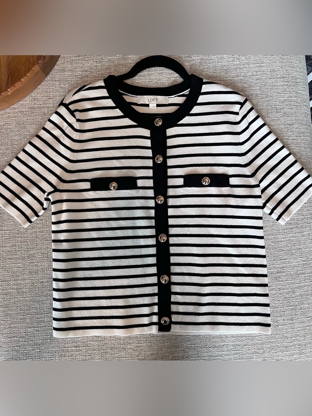 NWOT- LOFT Black & White Striped Short-Sleeve Button Cardigan